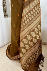 MALARVILI- CHARMING GREENISH-BROWN SOUTH COTTON SAREE WITH GOLD ACCENTS
