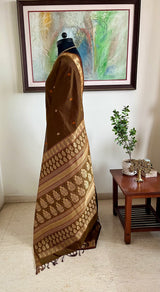 MALARVILI- CHARMING GREENISH-BROWN SOUTH COTTON SAREE WITH GOLD ACCENTS