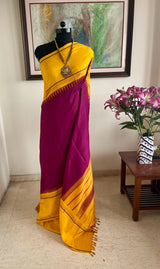NIRANJANI – MAROON KANJIVARAM WITH MUSTARD BORDER AND STRIPED AANCHAL