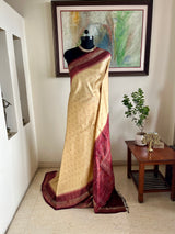 VASVI- CREAM AND MAROON PATOLA WITH DIAMOND AND TEMPLE MOTIFS