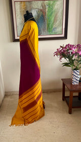 NIRANJANI – MAROON KANJIVARAM WITH MUSTARD BORDER AND STRIPED AANCHAL