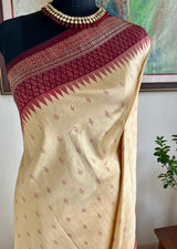 VASVI- CREAM AND MAROON PATOLA WITH DIAMOND AND TEMPLE MOTIFS