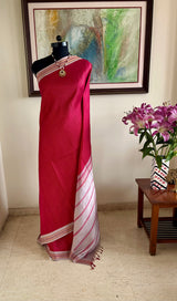 VARIKA- RED KANJIVARAM WITH MUSTARD STRIPES AND GREY TEMPLE BORDER