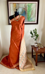 JANISHA- RUST TUSSAR BANARASI SAREE WITH CREAM BORDER AND JACQUARD AANCHAL