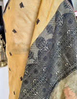 ADRIJA- BEIGE TANGAIL SILK WITH PEACH-BLACK FLORAL AND TEMPLE BORDER