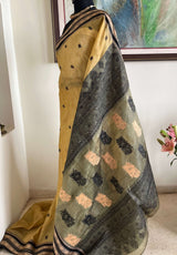 ADRIJA- BEIGE TANGAIL SILK WITH PEACH-BLACK FLORAL AND TEMPLE BORDER