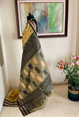 ADRIJA- BEIGE TANGAIL SILK WITH PEACH-BLACK FLORAL AND TEMPLE BORDER