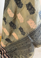 ADRIJA- BEIGE TANGAIL SILK WITH PEACH-BLACK FLORAL AND TEMPLE BORDER