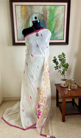 LAHYA- PRISTINE WHITE JAMDANI WITH MAGENTA BORDERS AND MOTIFS