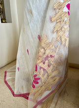 LAHYA- PRISTINE WHITE JAMDANI WITH MAGENTA BORDERS AND MOTIFS