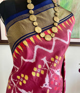 ISHVANI MAROON IKAT WITH GOLD BORDER AND NAVY AANCHAL
