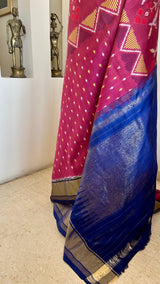 ISHVANI MAROON IKAT WITH GOLD BORDER AND NAVY AANCHAL