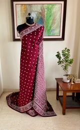 AASHKA – MAROON SILK WITH EXQUISITE ALL-OVER WHITE SINDHI EMBROIDERY