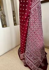 AASHKA – MAROON SILK WITH EXQUISITE ALL-OVER WHITE SINDHI EMBROIDERY