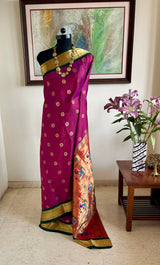SUVEE - MAGENTA PAITHANI WITH NARALI BORDER AND PEACOCK AANCHAL