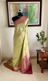 DEVANGI - MUTED OLIVE BANARASI SAREE WITH PINK ZARI MOTIFS