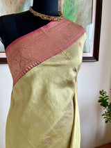 DEVANGI - MUTED OLIVE BANARASI SAREE WITH PINK ZARI MOTIFS