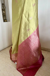 DEVANGI - MUTED OLIVE BANARASI SAREE WITH PINK ZARI MOTIFS