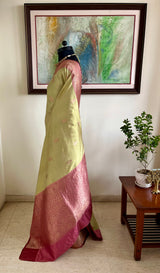 DEVANGI - MUTED OLIVE BANARASI SAREE WITH PINK ZARI MOTIFS