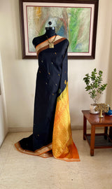 DEBAHUTI - BLACK BOMKAI SILK WITH RUDRAKSHA BORDER AND GEOMETRIC AANCHAL