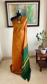 VIRENA- OCHRE STRIPED KANJIVARAM WITH GREEN PAISLEY BORDER