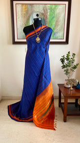 VIDHYA – PURPLISH BLUE KANJIVARAM WITH RUST ORANGE AND GREEN AANCHAL