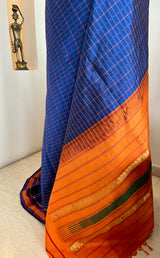 VIDHYA – PURPLISH BLUE KANJIVARAM WITH RUST ORANGE AND GREEN AANCHAL
