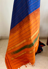 VIDHYA – PURPLISH BLUE KANJIVARAM WITH RUST ORANGE AND GREEN AANCHAL
