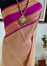 RITHISHA- BEIGE AND BROWN CHECKS KANJIVARAM WITH MAGENTA RUDRAKSHA BORDERS