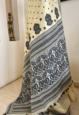 AIMEE – LIGHT CREAM ASSAM SILK WITH FLORALS AND PEACOCK AANCHAL
