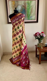 RENITA ZARI GRID PATOLA WITH ELEPHANT PARROT MOTIFS