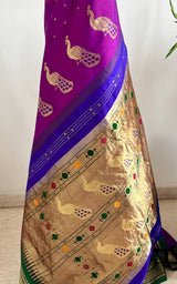 PRACHITI – PURPLE PAITHANI WITH GREEN NARALI BORDER AND ZARI PEACOCKS