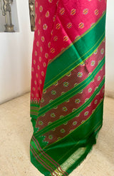 BISWAJITA - CORAL POCHAMPALLY IKAT WITH GREEN TEMPLE BORDER