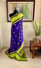RUSHIKA- PURPLISH BLUE KORVAI KANJIVARAM WITH GREEN FLORAL AND RUDRAKSHA MOTIFS