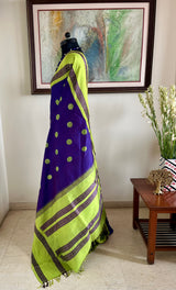 RUSHIKA- PURPLISH BLUE KORVAI KANJIVARAM WITH GREEN FLORAL AND RUDRAKSHA MOTIFS