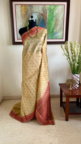 MUKULITA- LIGHT BEIGE ASSAM SILK WITH RED BLACK FLORALS