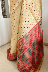 MUKULITA- LIGHT BEIGE ASSAM SILK WITH RED BLACK FLORALS