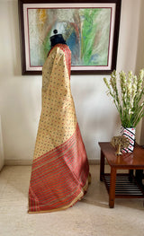 MUKULITA- LIGHT BEIGE ASSAM SILK WITH RED BLACK FLORALS