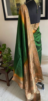 NINARIKA- A BEAUTIFUL GREEN BANARASI SILK SAREE WITH A BROWNISH OMBRE AND SEQUIN EMBROIDERY BORDER