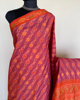 NISHI- POCHAMPALLY ELEGANCE, DARK MAUVE AND ORANGE SILK MASTERPIECE