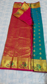SARALA- A PEACOCK GREEN BLENDED SILK SAREE WITH A GOLD ZARI BORDER, WITH BLOUSE