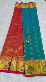SARALA- A PEACOCK GREEN BLENDED SILK SAREE WITH A GOLD ZARI BORDER, WITH BLOUSE