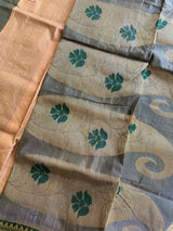 PRISHA- A SILK BLEND SAREE WITH ALTERNATING PATTERNS OF BEIGE AND GREY, PAISLEY MOTIFS WITHIN. AANCHAL HAS LARGER PAISLEYS WITH FLORAL DESIGNS