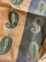 PRISHA- A SILK BLEND SAREE WITH ALTERNATING PATTERNS OF BEIGE AND GREY, PAISLEY MOTIFS WITHIN. AANCHAL HAS LARGER PAISLEYS WITH FLORAL DESIGNS