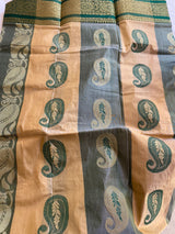 PRISHA- A SILK BLEND SAREE WITH ALTERNATING PATTERNS OF BEIGE AND GREY, PAISLEY MOTIFS WITHIN. AANCHAL HAS LARGER PAISLEYS WITH FLORAL DESIGNS