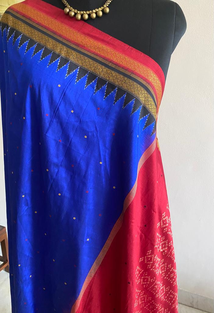 KIRAN- A BEAUTIFUL POCHAMPALLY IKKAT SAREE IN BLUE WITH TEMPLE BORDER AND A GORGEOUS RED WOVEN AANCHAL
