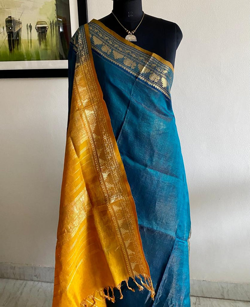 BHOOMIKA- TIMELESS SPLENDOR OF  SILK COTTON SAREE IN PEACOCK BLUE WITH CONTRASTING OCHRE AANCHAL