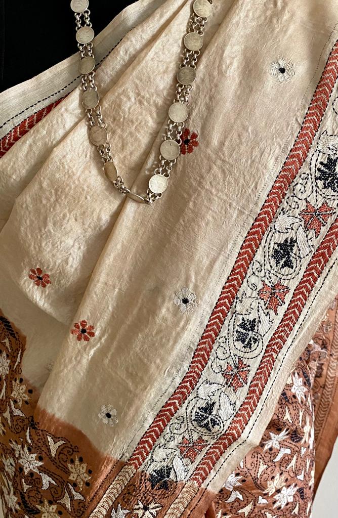 BARSHA- A KANTHA SILK IN EARTH TONES WITH TRADITIONAL MOTIFS