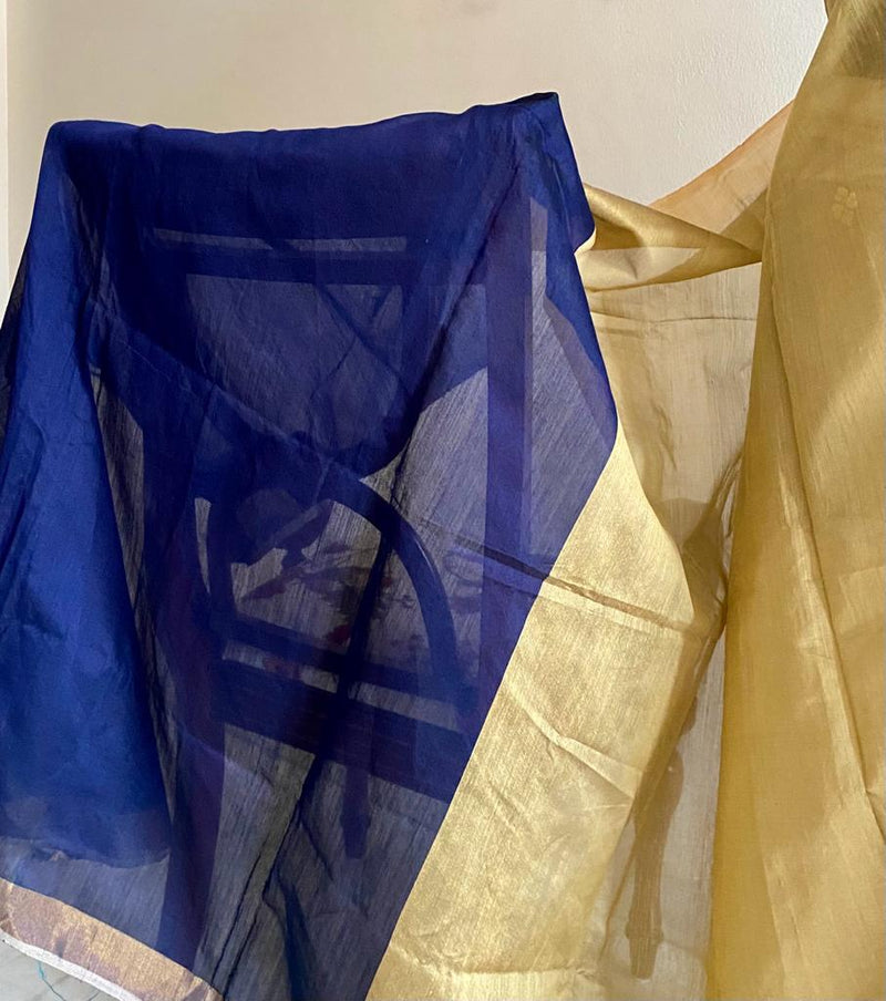 SABITA- A BEAUTIFUL BEIGE CHANDERI SAREE WITH NAVY BLUE AANCHAL