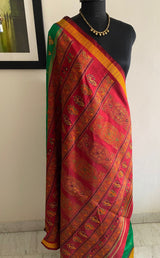 DEBASMITA- A BEAUTIFUL BOMKAI SILK IN GREEN WITH A FULLY WOVEN RED BORDER AND AANCHAL